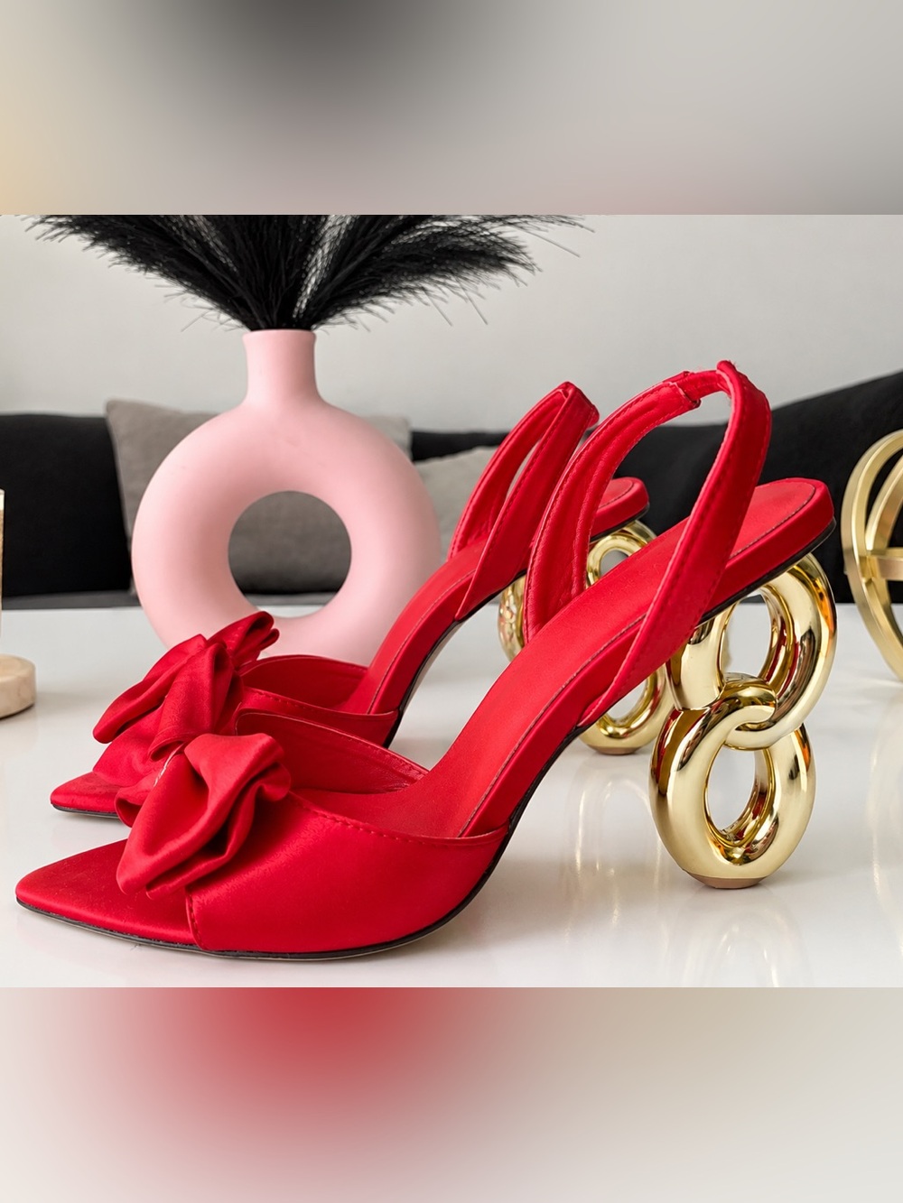 Red Satin Slingback Heels with Gold Sculpted Heel